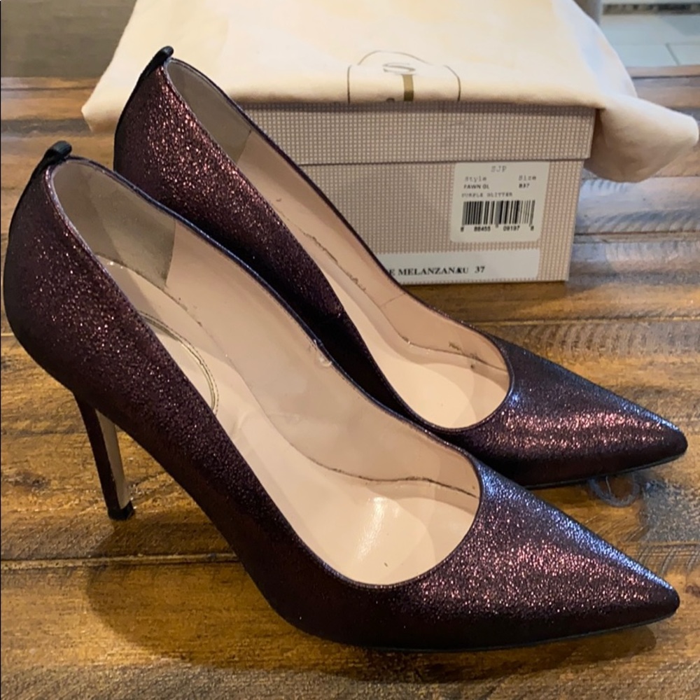 SJP by Sarah Jessica Parker Plum Glitter Pointed Toe Pumps - Picture 2 of 5